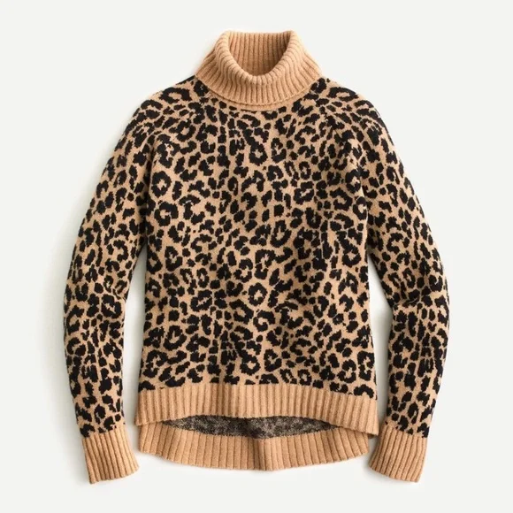 J. Crew Alpaca Merino Wool Tan Black Leopard Print Turtleneck Sweater - Picture 2 of 7